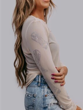 Women’s Long Sleeve Embellished Sheer Top - Beige